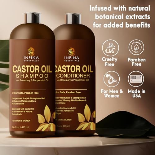 INFINA ESSENTIALS Castor Oil Shampoo and Conditioner Set for Hair Growth with Rosemary & Peppermint Oil - 16 fl oz Each, Anti-Hair Loss for Men & Women Avelisse