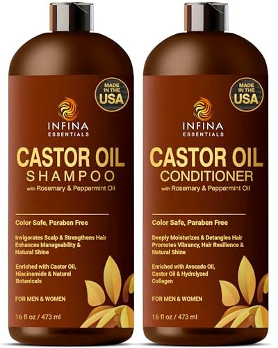 INFINA ESSENTIALS Castor Oil Shampoo and Conditioner Set for Hair Growth with Rosemary & Peppermint Oil - 16 fl oz Each, Anti-Hair Loss for Men & Women Avelisse