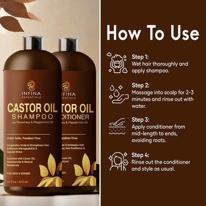 INFINA ESSENTIALS Castor Oil Shampoo and Conditioner Set for Hair Growth with Rosemary & Peppermint Oil - 16 fl oz Each, Anti-Hair Loss for Men & Women Avelisse