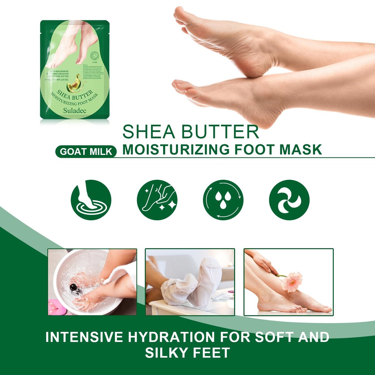 SULADEC Moisturizing Foot Mask with Shea Butter and Goat Milk - Hydrating Foot Masks for Dry Cracked Feet - Soft & Smooth Touch - Men Women - 5 Pairs - görsel 11