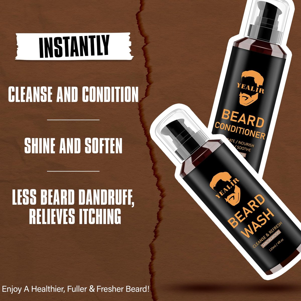 Beard Wash and Conditioner & Silicone Beard Brush Set with Argan & Jojoba Oils – Reduces Itch, Dandruff, Softens & Strengthens – 2 x 4 Fl Oz (120ml) Avelisse