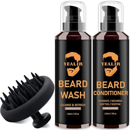 Beard Wash and Conditioner & Silicone Beard Brush Set with Argan & Jojoba Oils – Reduces Itch, Dandruff, Softens & Strengthens – 2 x 4 Fl Oz (120ml) Avelisse