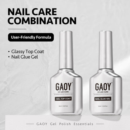 GAOY Gel Top Coat and Nail Glue Gel Set - 2 Pack 16ml Clear Glossy No Wipe Combo for UV Light Cure
