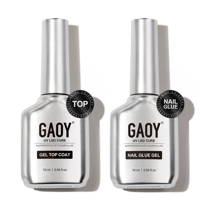GAOY Gel Top Coat and Nail Glue Gel Set - 2 Pack 16ml Clear Glossy No Wipe Combo for UV Light Cure