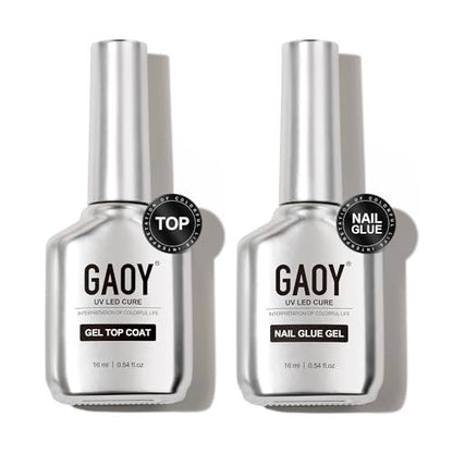 GAOY Gel Top Coat and Nail Glue Gel Set - 2 Pack 16ml Clear Glossy No Wipe Combo for UV Light Cure