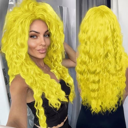 GNIMEGIL 28 Inch Yellow Long Curly Wavy Wig - Lemon Meringue Color, Free Part Hairline, High Temperature Fiber, Perfect for Halloween Smurfette Costume Cosplay