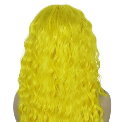 GNIMEGIL 28 Inch Yellow Long Curly Wavy Wig - Lemon Meringue Color, Free Part Hairline, High Temperature Fiber, Perfect for Halloween Smurfette Costume Cosplay