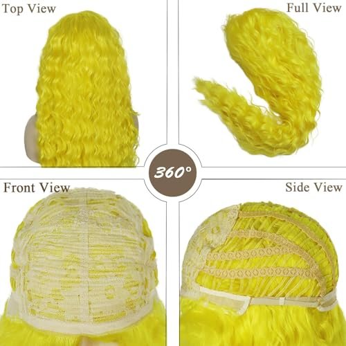 GNIMEGIL 28 Inch Yellow Long Curly Wavy Wig - Lemon Meringue Color, Free Part Hairline, High Temperature Fiber, Perfect for Halloween Smurfette Costume Cosplay - görsel 10