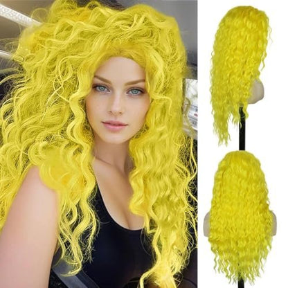 GNIMEGIL 28 Inch Yellow Long Curly Wavy Wig - Lemon Meringue Color, Free Part Hairline, High Temperature Fiber, Perfect for Halloween Smurfette Costume Cosplay