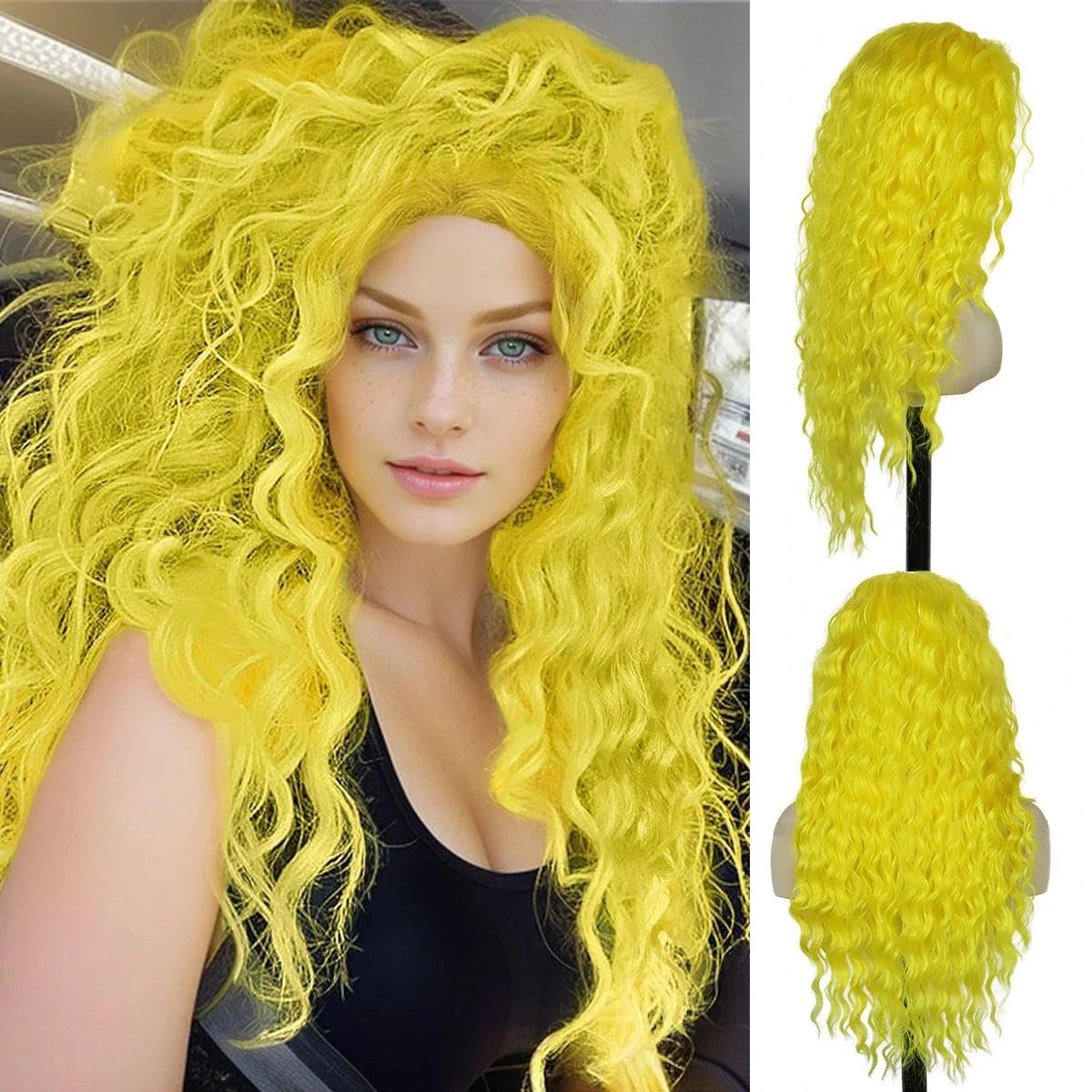 GNIMEGIL 28 Inch Yellow Long Curly Wavy Wig - Lemon Meringue Color, Free Part Hairline, High Temperature Fiber, Perfect for Halloween Smurfette Costume Cosplay - görsel 13