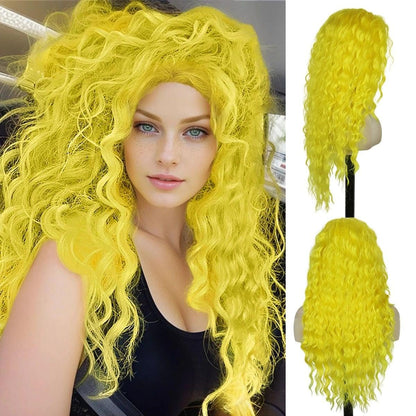 GNIMEGIL 28 Inch Yellow Long Curly Wavy Wig - Lemon Meringue Color, Free Part Hairline, High Temperature Fiber, Perfect for Halloween Smurfette Costume Cosplay