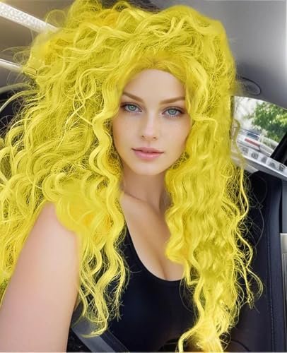 GNIMEGIL 28 Inch Yellow Long Curly Wavy Wig - Lemon Meringue Color, Free Part Hairline, High Temperature Fiber, Perfect for Halloween Smurfette Costume Cosplay