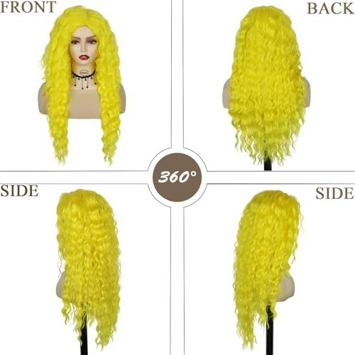 GNIMEGIL 28 Inch Yellow Long Curly Wavy Wig - Lemon Meringue Color, Free Part Hairline, High Temperature Fiber, Perfect for Halloween Smurfette Costume Cosplay - görsel 8