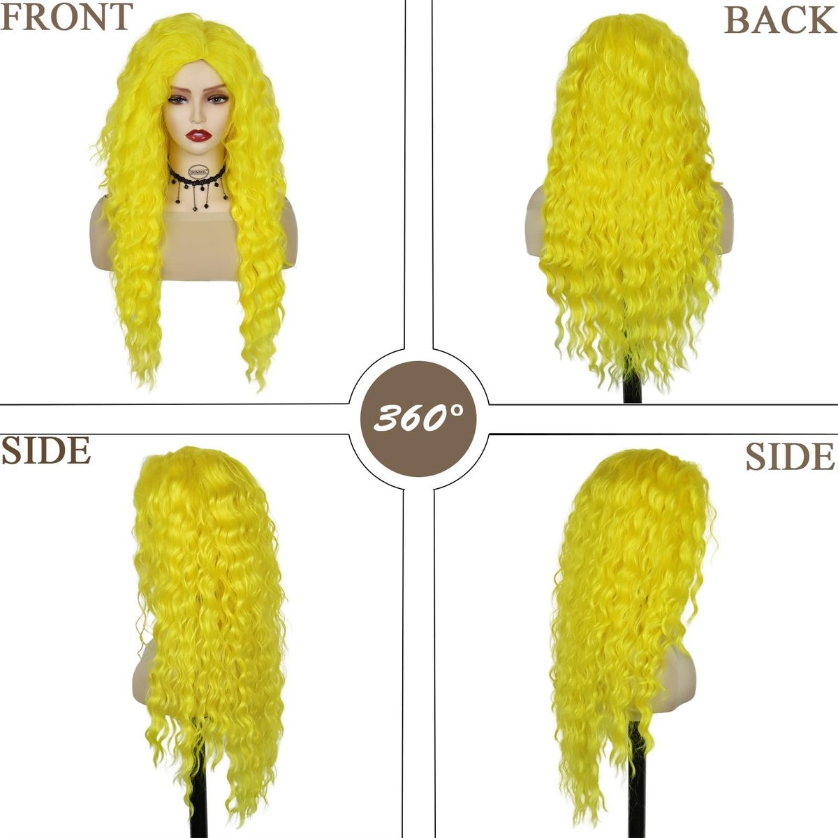 GNIMEGIL 28 Inch Yellow Long Curly Wavy Wig - Lemon Meringue Color, Free Part Hairline, High Temperature Fiber, Perfect for Halloween Smurfette Costume Cosplay - görsel 7