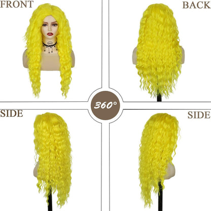 GNIMEGIL 28 Inch Yellow Long Curly Wavy Wig - Lemon Meringue Color, Free Part Hairline, High Temperature Fiber, Perfect for Halloween Smurfette Costume Cosplay