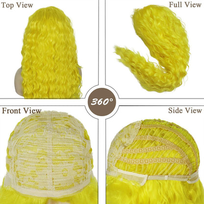 GNIMEGIL 28 Inch Yellow Long Curly Wavy Wig - Lemon Meringue Color, Free Part Hairline, High Temperature Fiber, Perfect for Halloween Smurfette Costume Cosplay