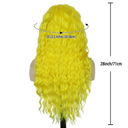 GNIMEGIL 28 Inch Yellow Long Curly Wavy Wig - Lemon Meringue Color, Free Part Hairline, High Temperature Fiber, Perfect for Halloween Smurfette Costume Cosplay