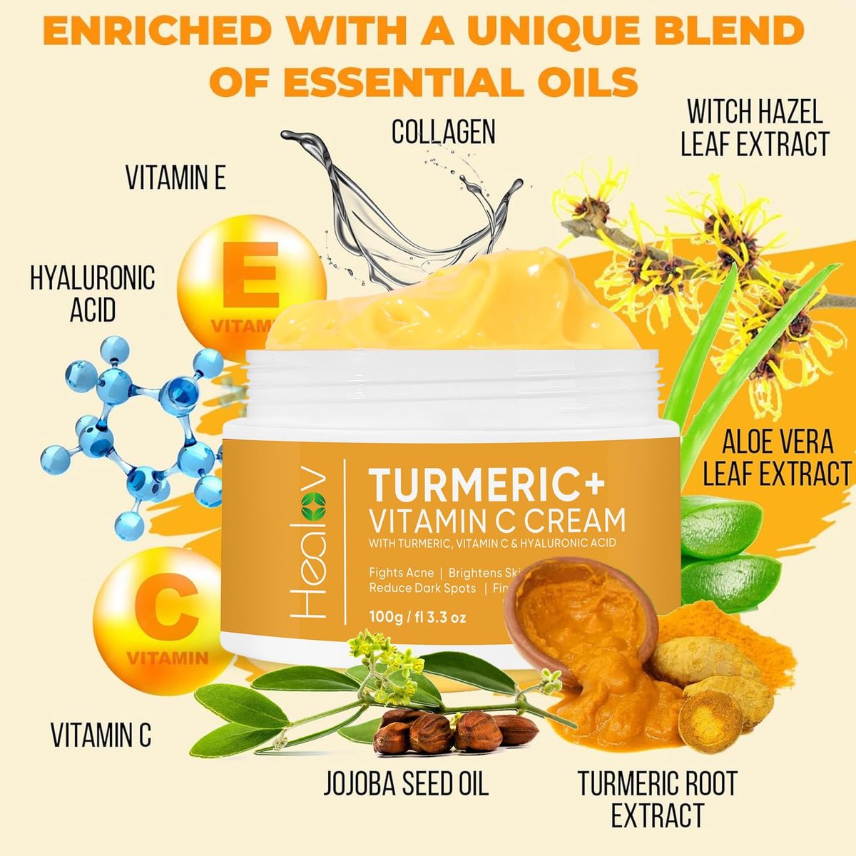 Healov Turmeric Cream for Skin Brightening - All Natural Face & Body Turmeric Lotion, Fights Acne, Evens Tone, Reduces Dark Spots & Sun Damage (Large 3.3 oz) - görsel 9