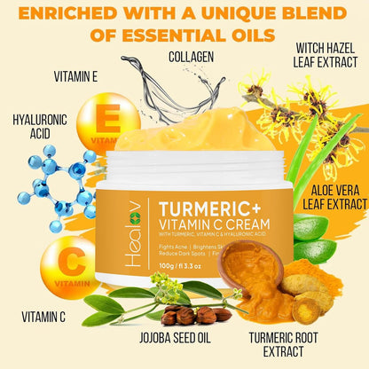Healov Turmeric Cream for Skin Brightening - All Natural Face & Body Turmeric Lotion, Fights Acne, Evens Tone, Reduces Dark Spots & Sun Damage (Large 3.3 oz)