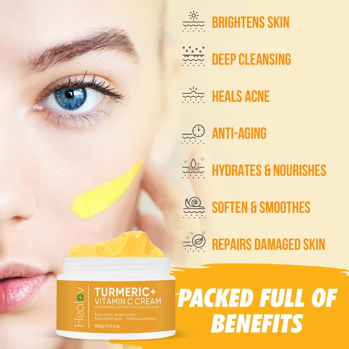 Healov Turmeric Cream for Skin Brightening - All Natural Face & Body Turmeric Lotion, Fights Acne, Evens Tone, Reduces Dark Spots & Sun Damage (Large 3.3 oz) - görsel 7