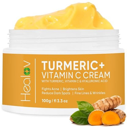Healov Turmeric Cream for Skin Brightening - All Natural Face & Body Turmeric Lotion, Fights Acne, Evens Tone, Reduces Dark Spots & Sun Damage (Large 3.3 oz)