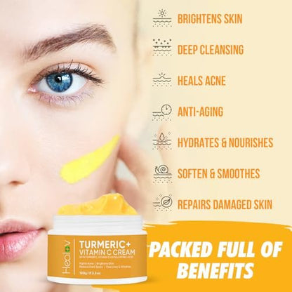 Healov Turmeric Cream for Skin Brightening - All Natural Face & Body Turmeric Lotion, Fights Acne, Evens Tone, Reduces Dark Spots & Sun Damage (Large 3.3 oz)