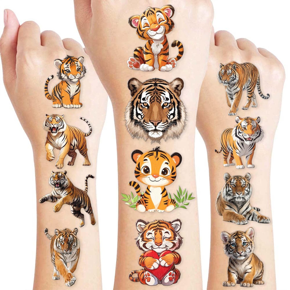 96PCS Tiger Temporary Tattoos for Kids – Jungle Animal Theme Birthday Party Favors, Cute Wild Cat Stickers for Boys Girls, Classroom Gifts, Prizes, and Rewards - görsel 1