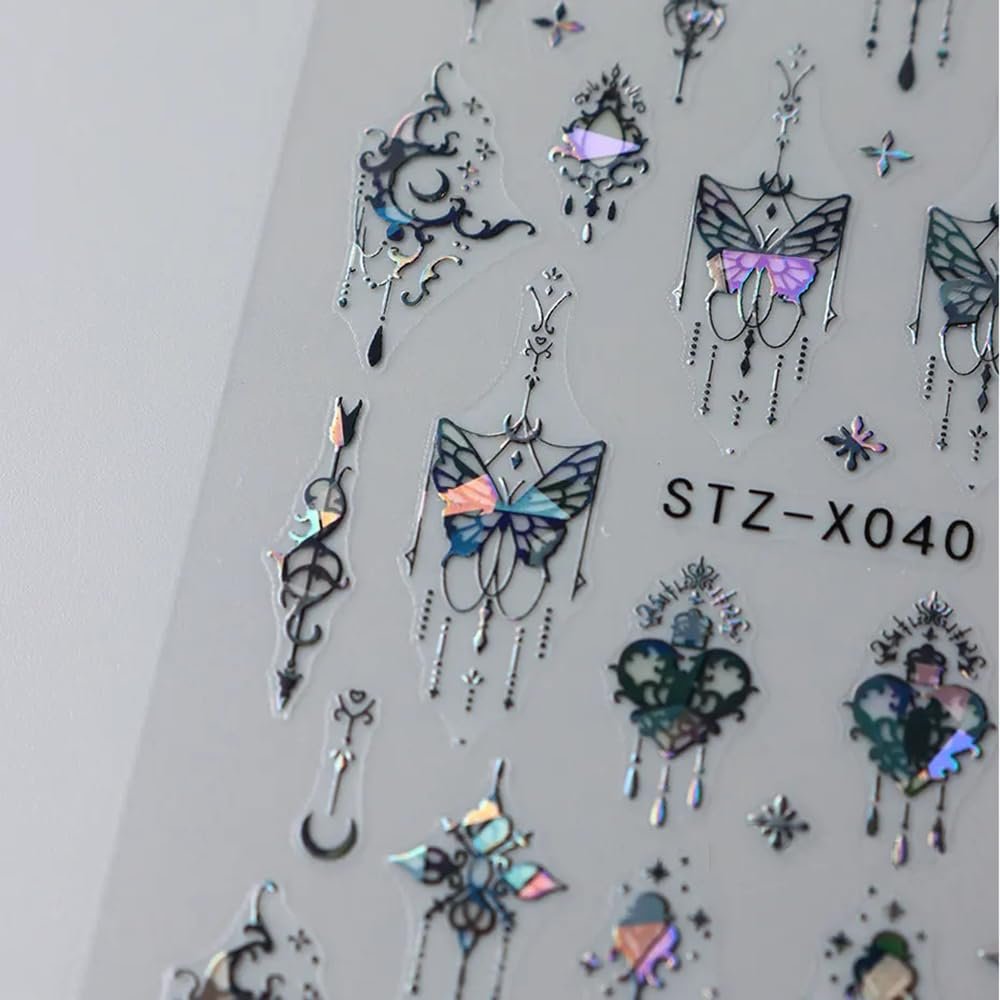 3D Punk Metallic Black & Aurora Butterfly Nail Decals - Pink & Silver Butterfly Stickers for Women Avelisse