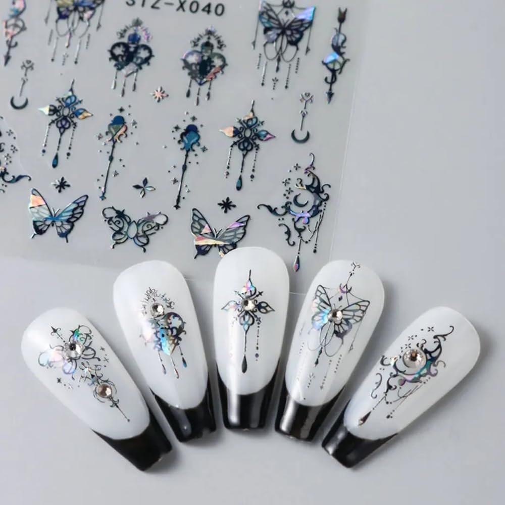 3D Punk Metallic Black & Aurora Butterfly Nail Decals - Pink & Silver Butterfly Stickers for Women Avelisse