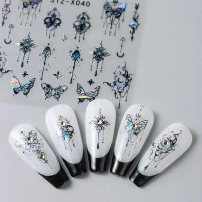3D Punk Metallic Black & Aurora Butterfly Nail Decals - Pink & Silver Butterfly Stickers for Women Avelisse