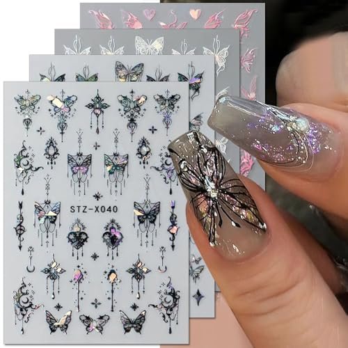 3D Punk Metallic Black & Aurora Butterfly Nail Decals - Pink & Silver Butterfly Stickers for Women Avelisse