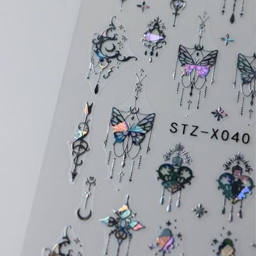 3D Punk Metallic Black & Aurora Butterfly Nail Decals - Pink & Silver Butterfly Stickers for Women Avelisse