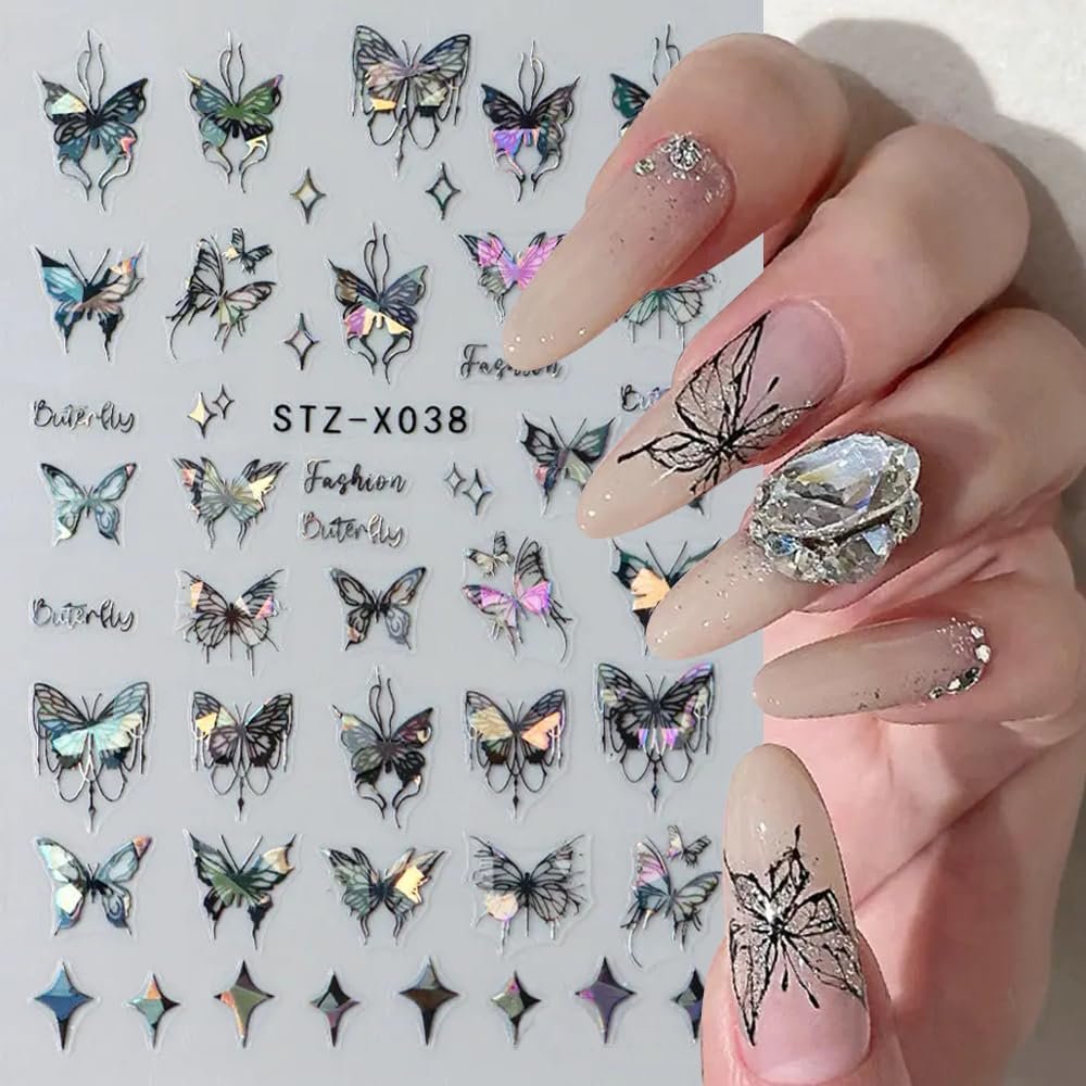 3D Punk Metallic Black & Aurora Butterfly Nail Decals - Pink & Silver Butterfly Stickers for Women Avelisse