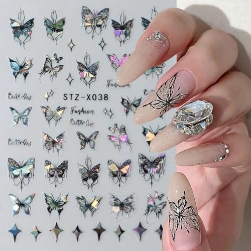 3D Punk Metallic Black & Aurora Butterfly Nail Decals - Pink & Silver Butterfly Stickers for Women Avelisse