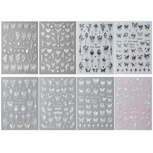 3D Punk Metallic Black & Aurora Butterfly Nail Decals - Pink & Silver Butterfly Stickers for Women Avelisse