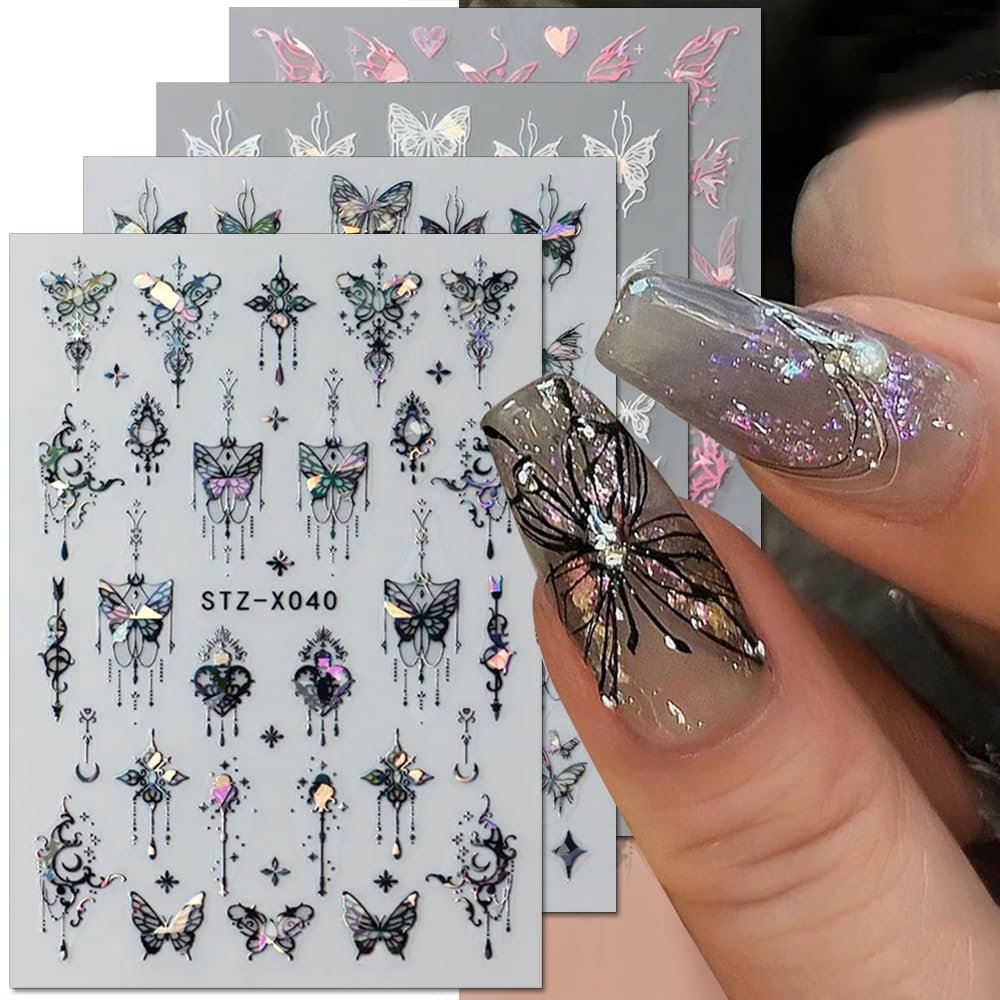 3D Punk Metallic Black & Aurora Butterfly Nail Decals - Pink & Silver Butterfly Stickers for Women Avelisse
