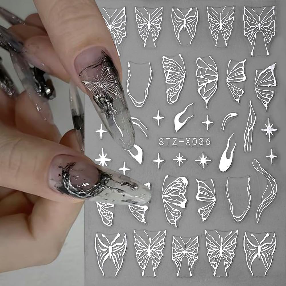 3D Punk Metallic Black & Aurora Butterfly Nail Decals - Pink & Silver Butterfly Stickers for Women Avelisse