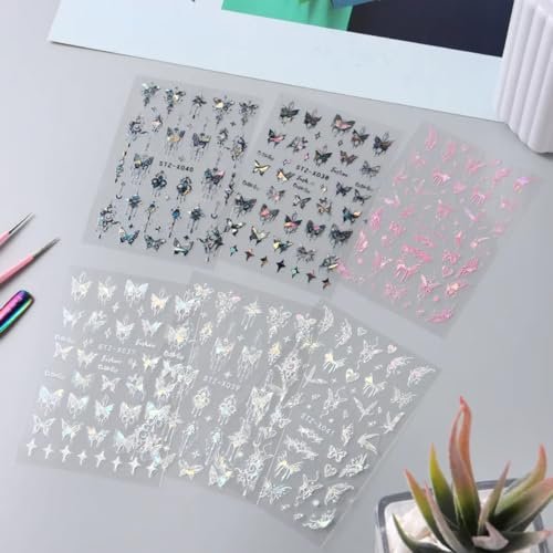 3D Punk Metallic Black & Aurora Butterfly Nail Decals - Pink & Silver Butterfly Stickers for Women Avelisse