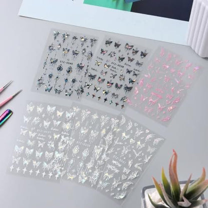 3D Punk Metallic Black & Aurora Butterfly Nail Decals - Pink & Silver Butterfly Stickers for Women Avelisse