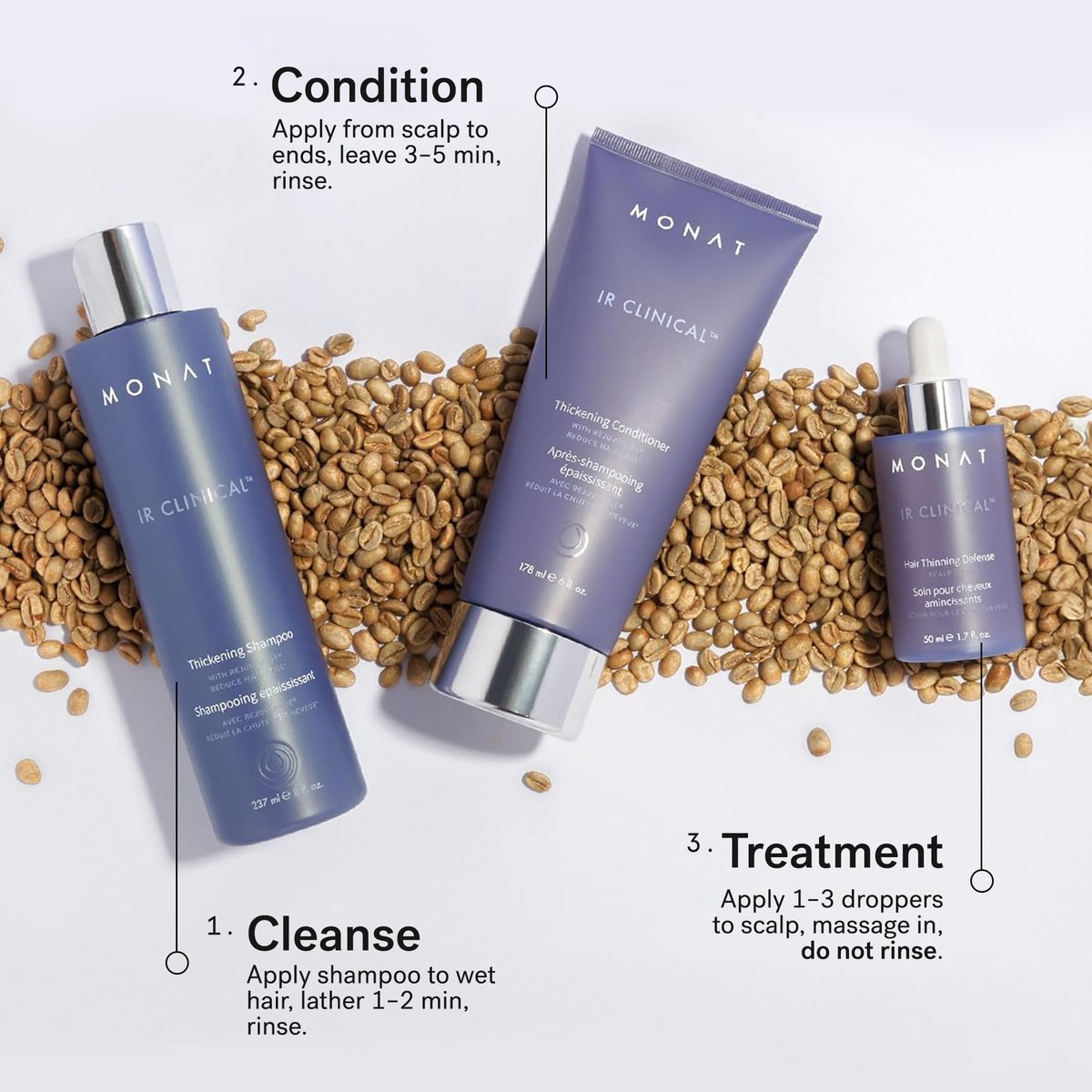 MONAT IR Clinical System – Complete Hair Care Restoration Kit with Thickening Shampoo, Conditioner & Thinning Defense Serum – Strengthens, Protects, & Revives Hair for Thicker, Fuller-Looking Results Avelisse