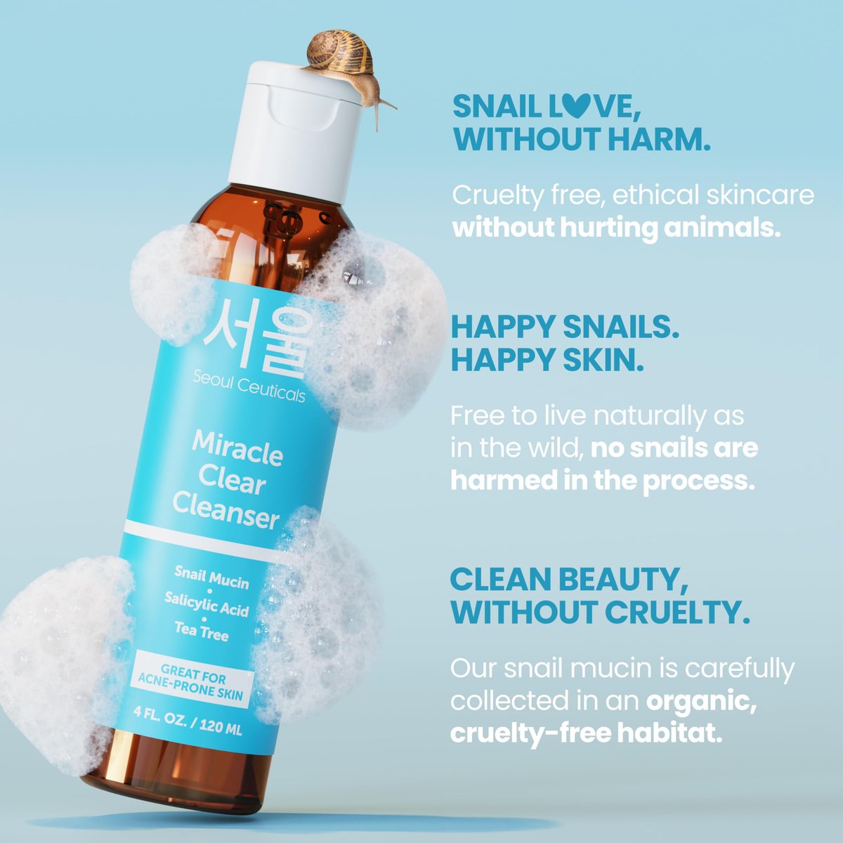 SeoulCeuticals Korean Acne Snail Cleanser Face Wash - Snail Mucin, Salicylic Acid & Tea Tree Acne Treatment for Sensitive Skin & K Beauty Glow 4oz Avelisse