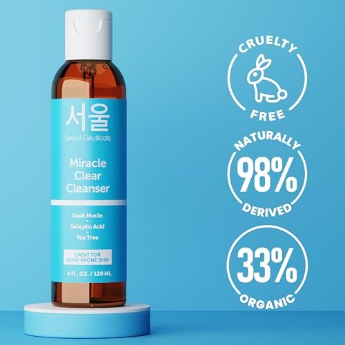 SeoulCeuticals Korean Acne Snail Cleanser Face Wash - Snail Mucin, Salicylic Acid & Tea Tree Acne Treatment for Sensitive Skin & K Beauty Glow 4oz Avelisse