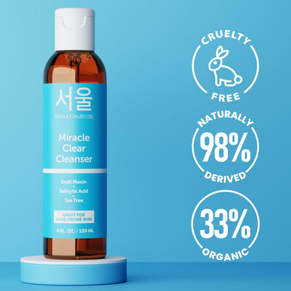 SeoulCeuticals Korean Acne Snail Cleanser Face Wash - Snail Mucin, Salicylic Acid & Tea Tree Acne Treatment for Sensitive Skin & K Beauty Glow 4oz Avelisse