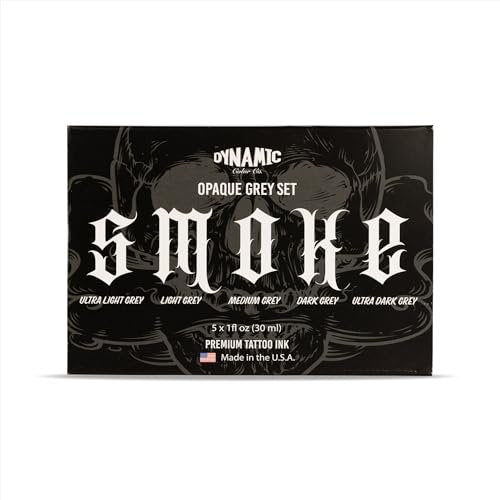 Dynamic Color Co- Smoke Set Opaque Grey Tattoo Ink - 5 Shades Ultra Light to Ultra Dark, 1 oz Bottles, Made in USA, Sterilized Avelisse