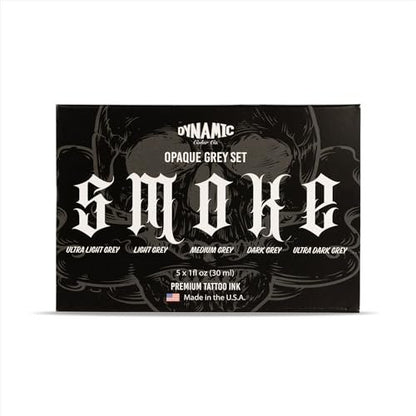 Dynamic Color Co- Smoke Set Opaque Grey Tattoo Ink - 5 Shades Ultra Light to Ultra Dark, 1 oz Bottles, Made in USA, Sterilized Avelisse