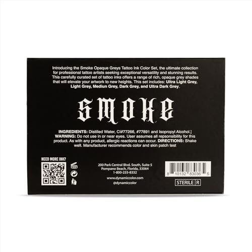 Dynamic Color Co- Smoke Set Opaque Grey Tattoo Ink - 5 Shades Ultra Light to Ultra Dark, 1 oz Bottles, Made in USA, Sterilized Avelisse