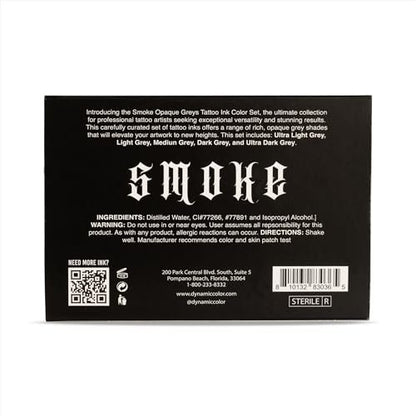 Dynamic Color Co- Smoke Set Opaque Grey Tattoo Ink - 5 Shades Ultra Light to Ultra Dark, 1 oz Bottles, Made in USA, Sterilized Avelisse