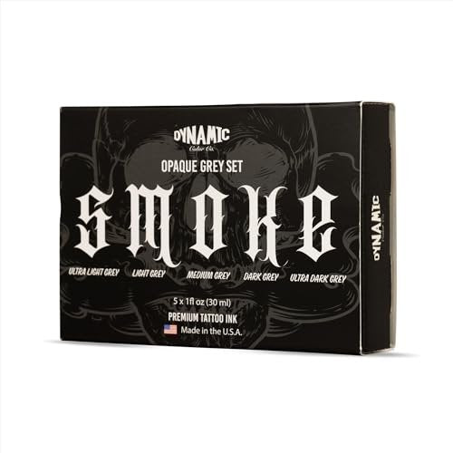 Dynamic Color Co- Smoke Set Opaque Grey Tattoo Ink - 5 Shades Ultra Light to Ultra Dark, 1 oz Bottles, Made in USA, Sterilized Avelisse