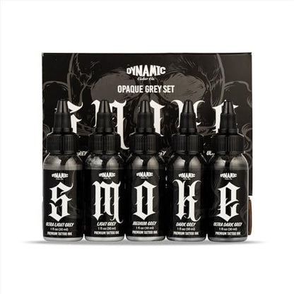 Dynamic Color Co- Smoke Set Opaque Grey Tattoo Ink - 5 Shades Ultra Light to Ultra Dark, 1 oz Bottles, Made in USA, Sterilized Avelisse