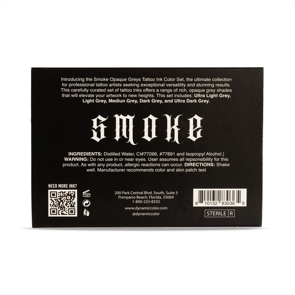 Dynamic Color Co- Smoke Set Opaque Grey Tattoo Ink - 5 Shades Ultra Light to Ultra Dark, 1 oz Bottles, Made in USA, Sterilized Avelisse